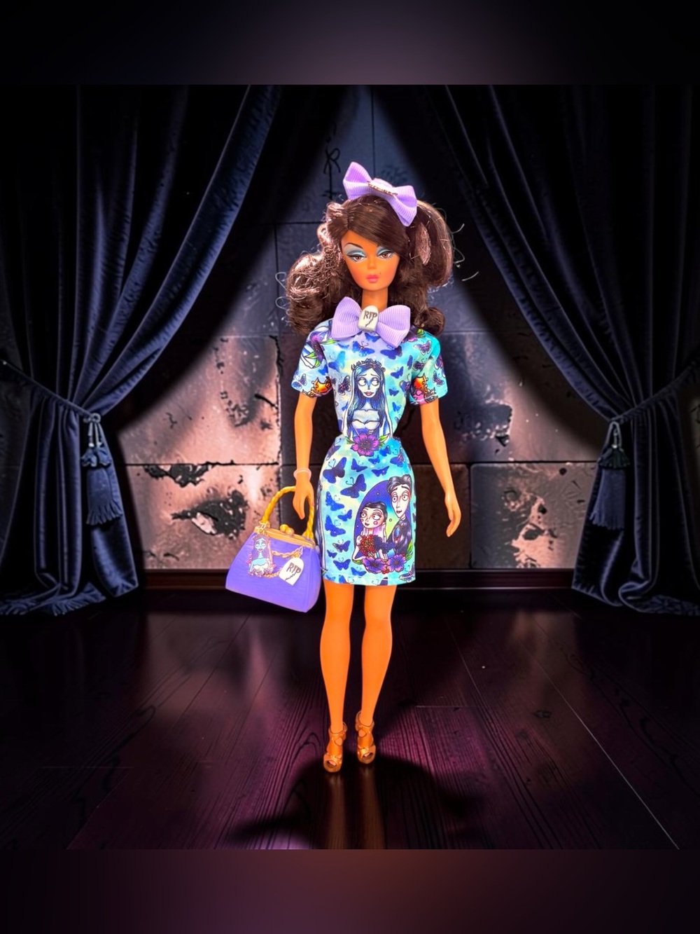 Corpse Bride Inspired Purple Bow Barbie-Style Doll in Blue Butterfly Dress